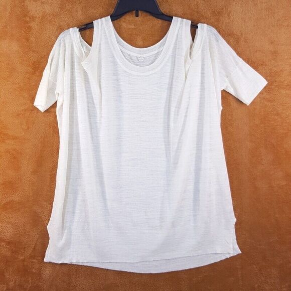 MARGARET OLEARY Womens Top Large Ivory Pullover Cold Shoulder Slub Tee - Picture 1 of 6